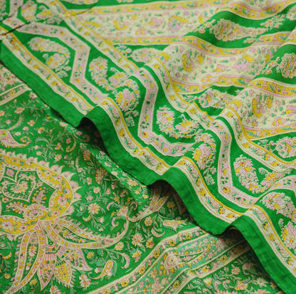 Indian Vintage Sari Ivory & Green Pure Silk Printed Saree Fabric 5yd Sewing Craft Fabric DressMaking Soft