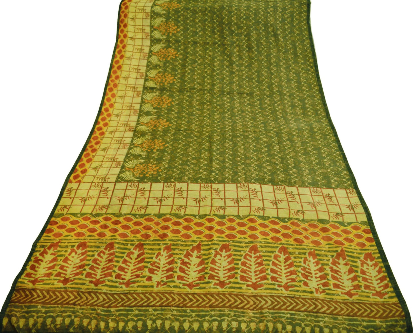 Indian Vintage Sari Block Printed Sari Chanderi Cotton Green & Ivory Fabric 5Yard Floral Soft Fringes