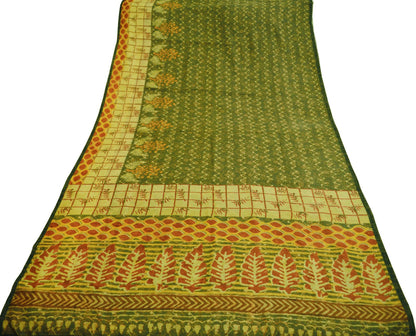 Indian Vintage Sari Block Printed Sari Chanderi Cotton Green & Ivory Fabric 5Yard Floral Soft Fringes