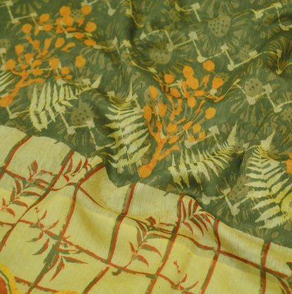 Indian Vintage Sari Block Printed Sari Chanderi Cotton Green & Ivory Fabric 5Yard Floral Soft Fringes