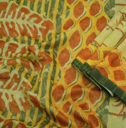 Indian Vintage Sari Block Printed Sari Chanderi Cotton Green & Ivory Fabric 5Yard Floral Soft Fringes