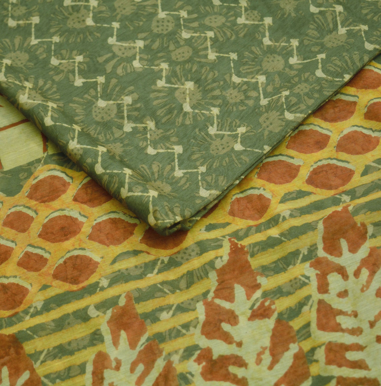 Indian Vintage Sari Block Printed Sari Chanderi Cotton Green & Ivory Fabric 5Yard Floral Soft Fringes