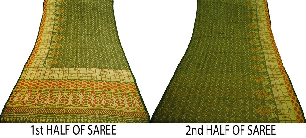 Indian Vintage Sari Block Printed Sari Chanderi Cotton Green & Ivory Fabric 5Yard Floral Soft Fringes