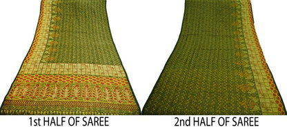 Indian Vintage Sari Block Printed Sari Chanderi Cotton Green & Ivory Fabric 5Yard Floral Soft Fringes