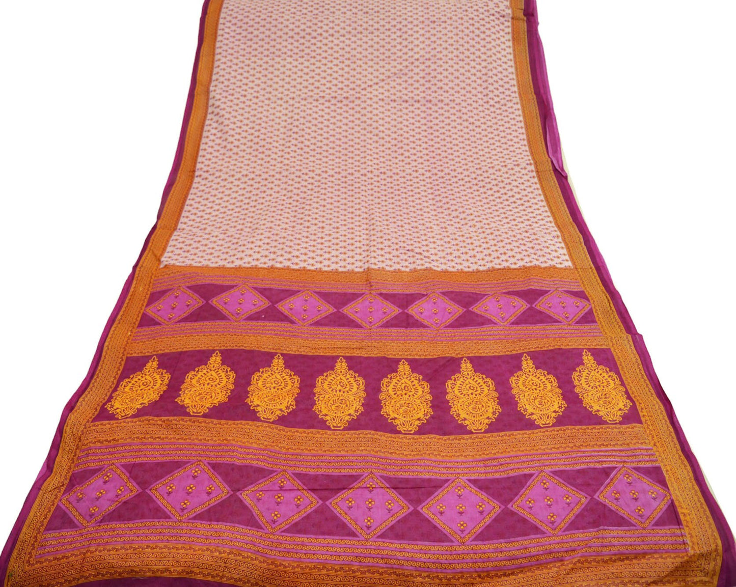 Indian Vintage Sari White & Purple Printed 100% Pure Cotton Saree Craft Fabric 5Yd Sewing Sarong Wrap Boho Floral