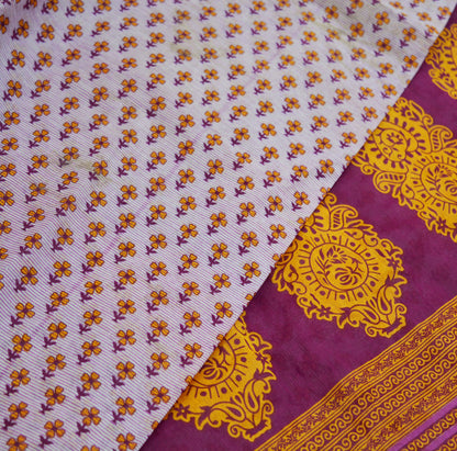 Indian Vintage Sari White & Purple Printed 100% Pure Cotton Saree Craft Fabric 5Yd Sewing Sarong Wrap Boho Floral