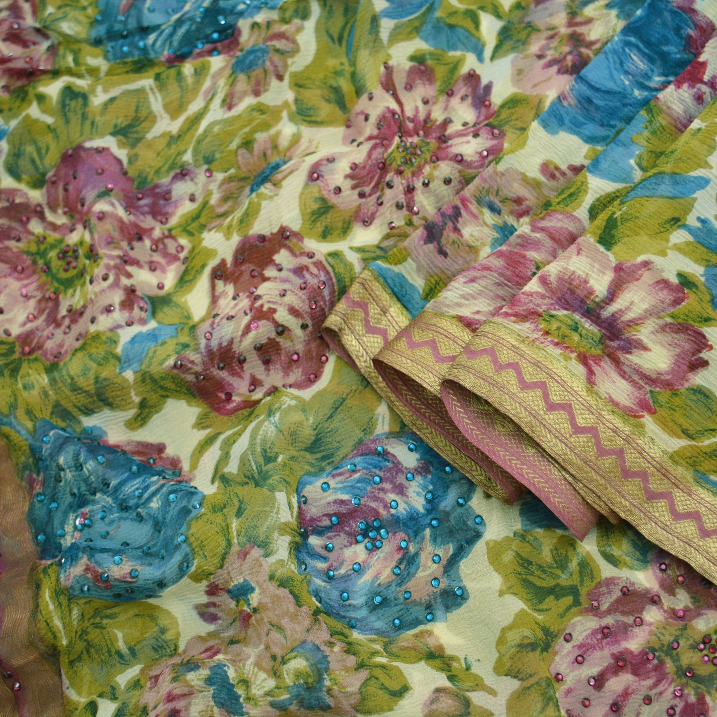 Women Vintage Sari Ivory Pure Chiffon Silk Beaded Printed Saree Craft Fabric Sewing 5Yard Soft Light Dress Making Floral Zari