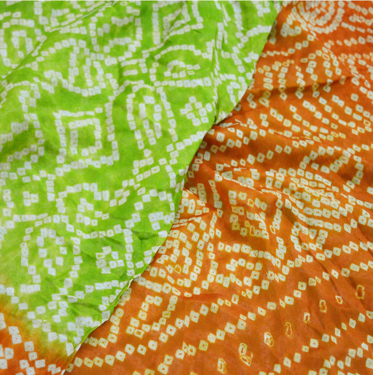 Indian Vintage Sari Green & Orange Pure Silk Bandhani Printed Sarees Fabric 5yd Floral Sewing Traditional Culture Sari Ethnic Fabric