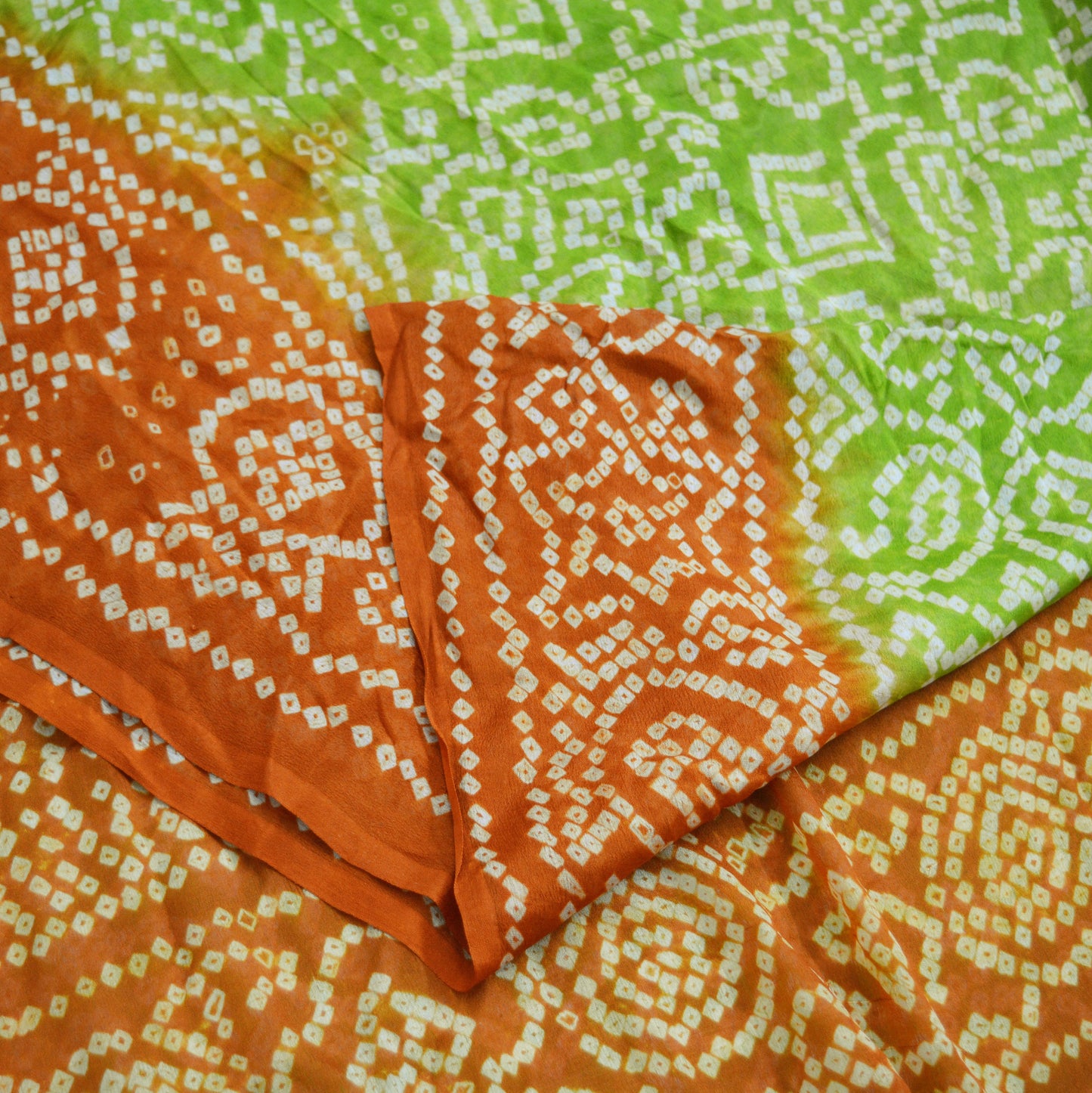 Indian Vintage Sari Green & Orange Pure Silk Bandhani Printed Sarees Fabric 5yd Floral Sewing Traditional Culture Sari Ethnic Fabric