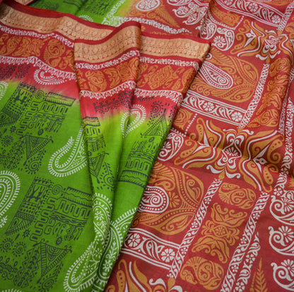 Indian Vintage Sari Red & green Pure Silk Warli Printed Saree Craft Fabric 5Yard Soft Dress making Sewing fabric