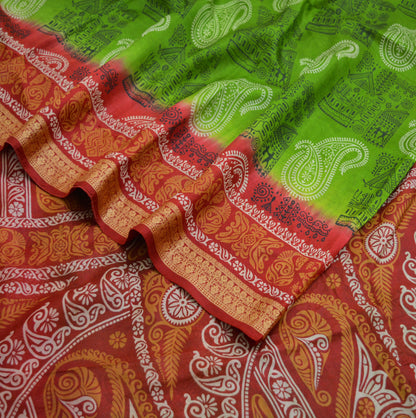 Indian Vintage Sari Red & green Pure Silk Warli Printed Saree Craft Fabric 5Yard Soft Dress making Sewing fabric