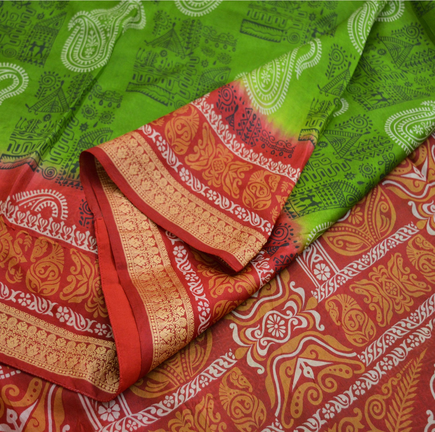 Indian Vintage Sari Red & green Pure Silk Warli Printed Saree Craft Fabric 5Yard Soft Dress making Sewing fabric