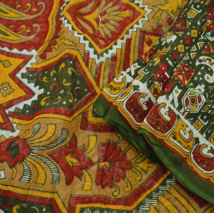 Indian Vintage Sari Green & Red Printed Pure Cotton Saree Craft Fabric 5Yard Sewing Sarong Wrap Boho Floral