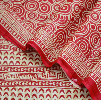 Indian Vintage Sari Red & Ivory Printed 100% Pure Cotton Saree Craft Fabric 5Yard Sewing Sarong Wrap Boho Floral