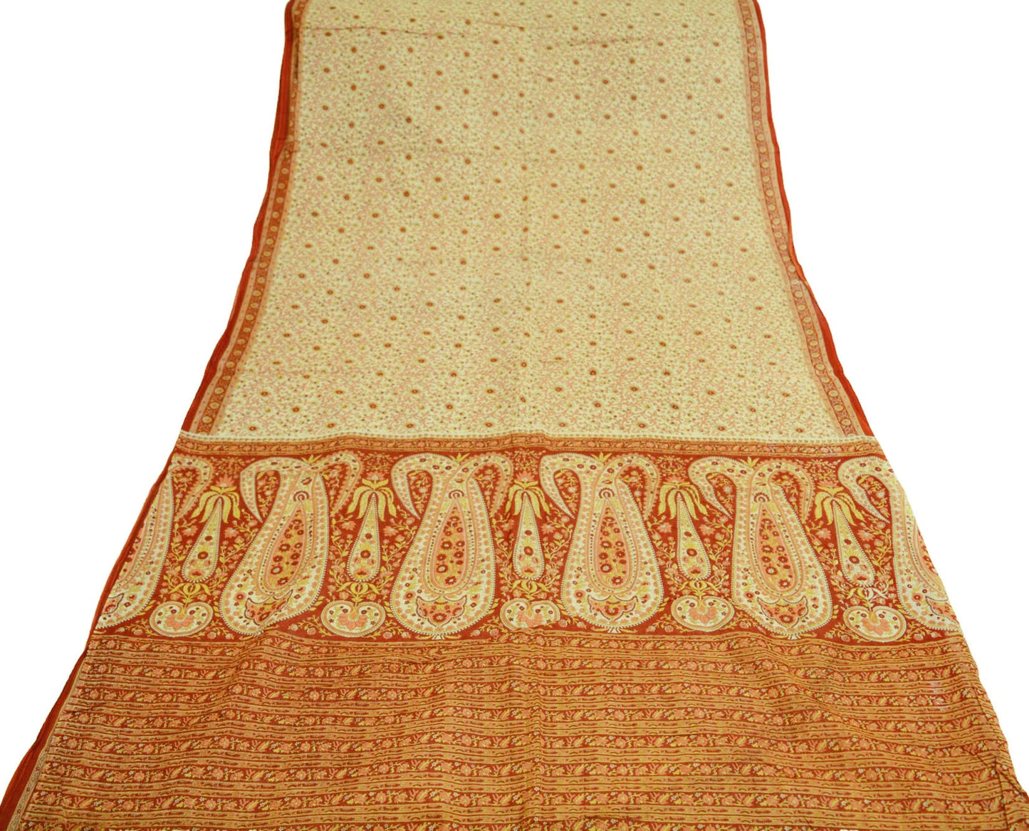 Indian Vintage Sari Ivory/Orange Pure Cotton Printed Saree 5Yd Craft Fabric Soft Paisley Sarong Wrap Boho Kimono Quilting Dress Making