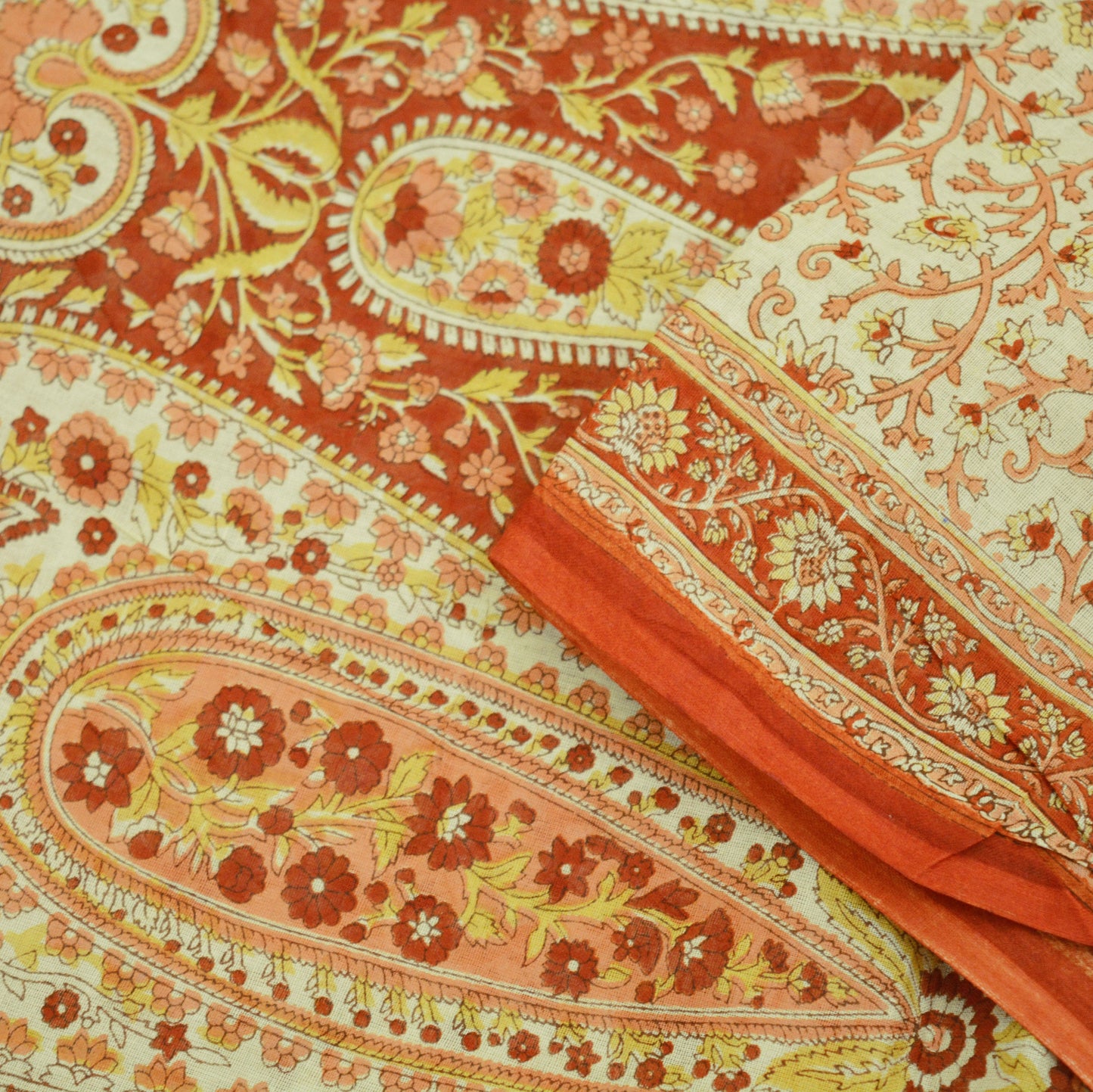 Indian Vintage Sari Ivory/Orange Pure Cotton Printed Saree 5Yd Craft Fabric Soft Paisley Sarong Wrap Boho Kimono Quilting Dress Making
