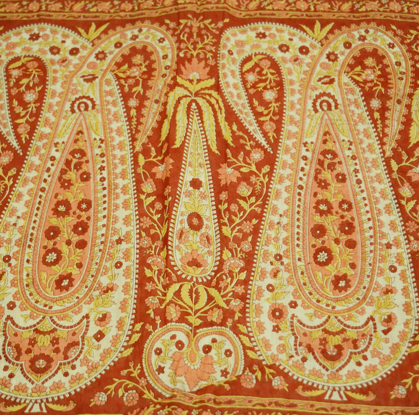 Indian Vintage Sari Ivory/Orange Pure Cotton Printed Saree 5Yd Craft Fabric Soft Paisley Sarong Wrap Boho Kimono Quilting Dress Making