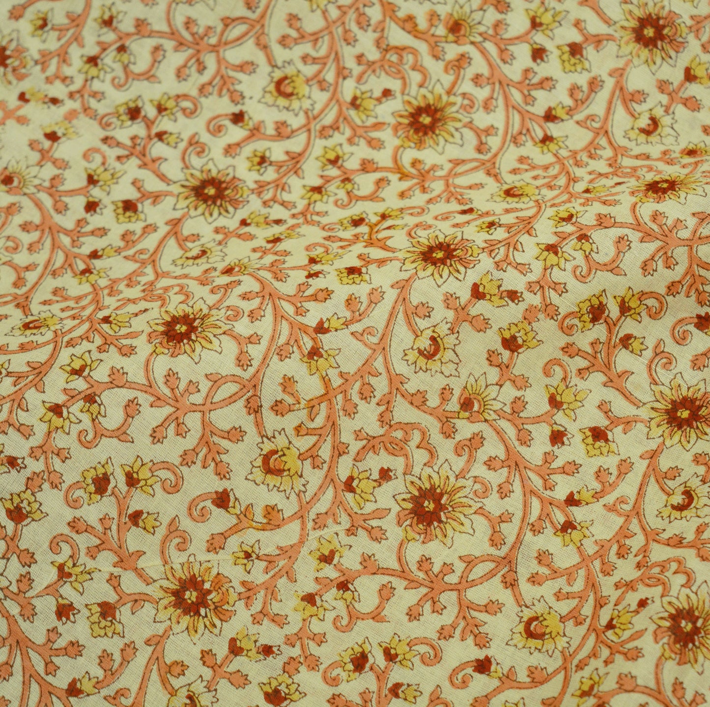 Indian Vintage Sari Ivory/Orange Pure Cotton Printed Saree 5Yd Craft Fabric Soft Paisley Sarong Wrap Boho Kimono Quilting Dress Making