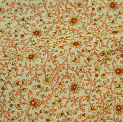 Indian Vintage Sari Ivory/Orange Pure Cotton Printed Saree 5Yd Craft Fabric Soft Paisley Sarong Wrap Boho Kimono Quilting Dress Making
