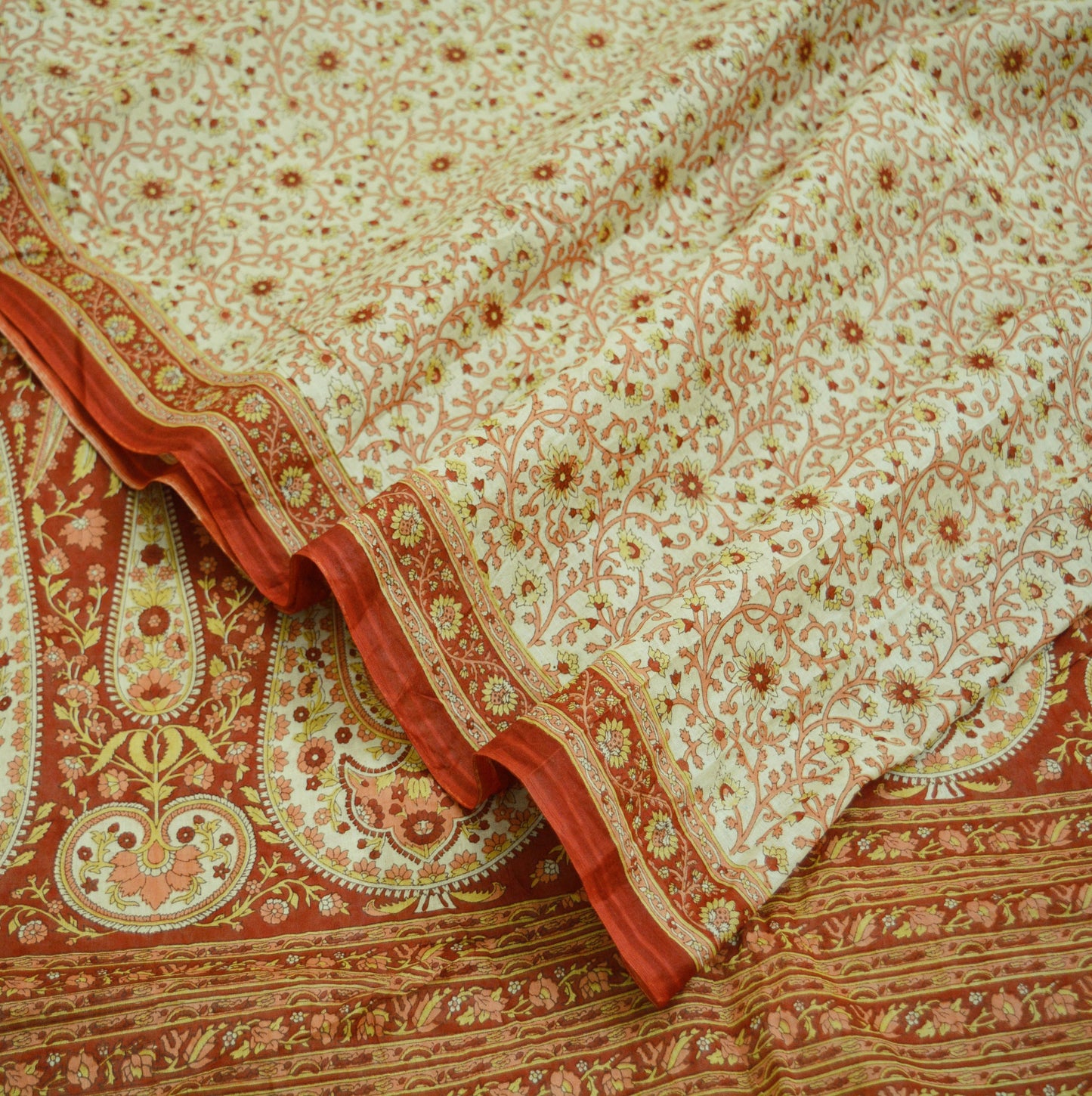 Indian Vintage Sari Ivory/Orange Pure Cotton Printed Saree 5Yd Craft Fabric Soft Paisley Sarong Wrap Boho Kimono Quilting Dress Making