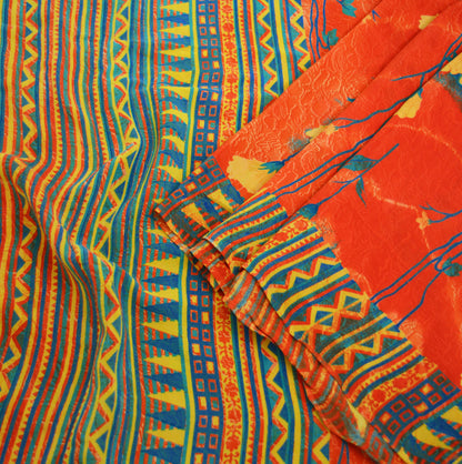 Indian Vintage Sari Orange & Red Pure Crepe Silk Printed Saree 5yard Sewing Floral Soft Craft Fabric Wrap