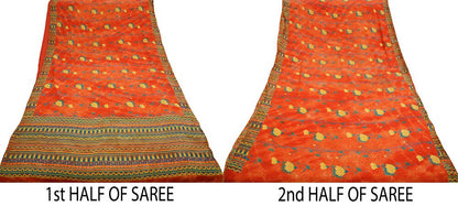 Indian Vintage Sari Orange & Red Pure Crepe Silk Printed Saree 5yard Sewing Floral Soft Craft Fabric Wrap