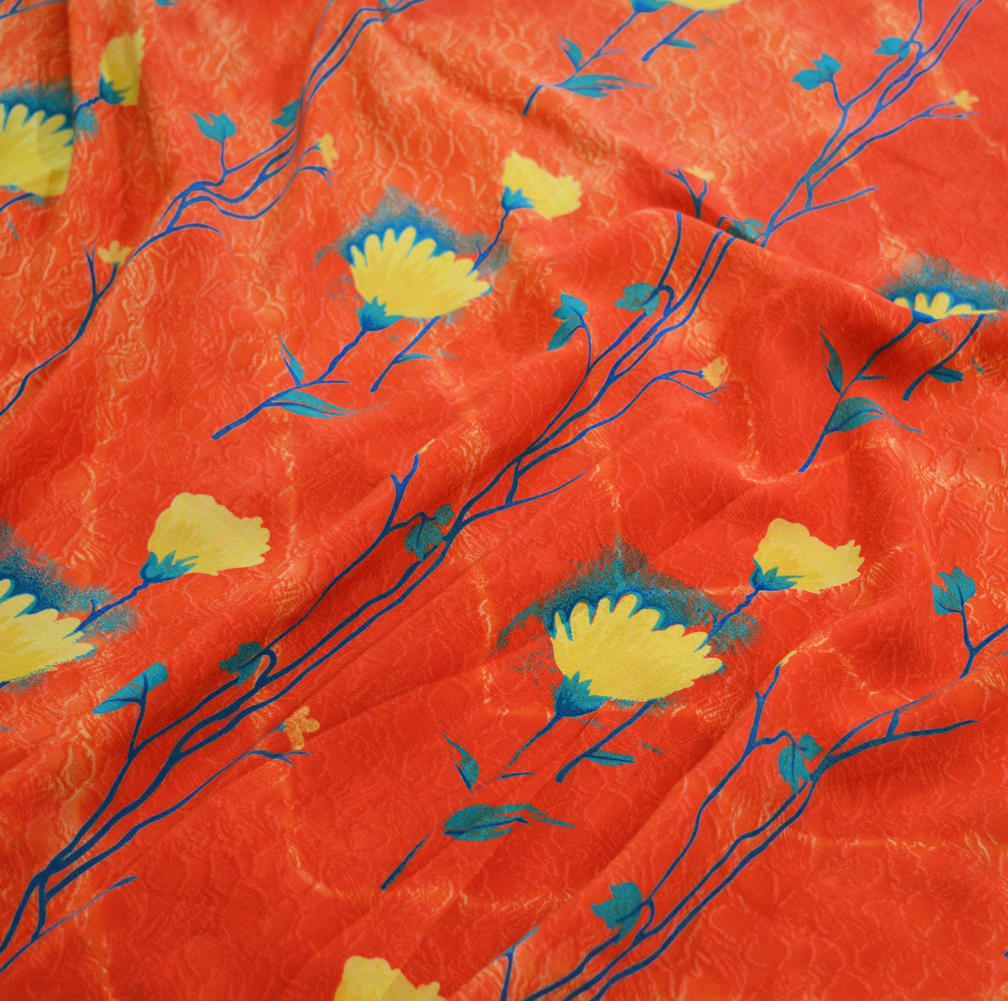 Indian Vintage Sari Orange & Red Pure Crepe Silk Printed Saree 5yard Sewing Floral Soft Craft Fabric Wrap