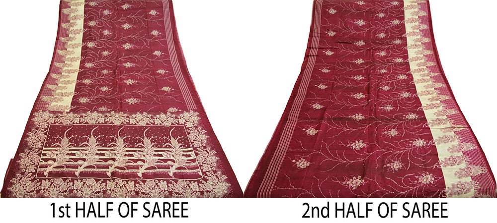 Indian Vintage Sari Maroon 100% Pure Silk Printed Sarees 6yard Sewing Craft Fabric DressMaking  Soft Paisley