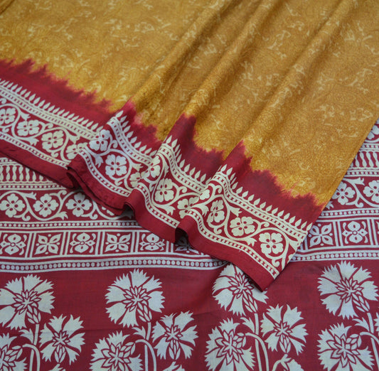 Indian Vintage Sari Mustard & Dark Red Pure Silk Printed Saree 5yd Sewing Craft Fabric DressMaking Floral