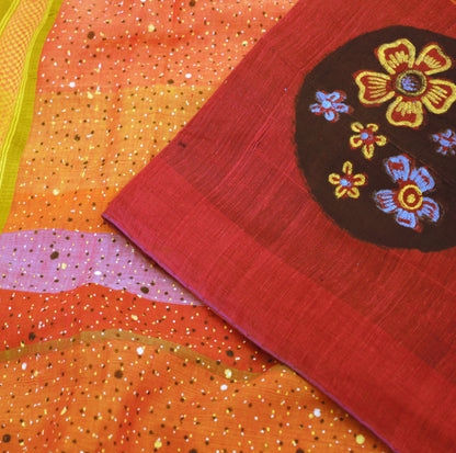 Indian Vintage Sari Multi Hand Woven Painted Saree  Blend Cotton Fabric 5Yard Floral Soft