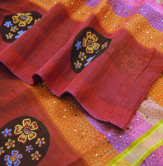 Indian Vintage Sari Multi Hand Woven Painted Saree  Blend Cotton Fabric 5Yard Floral Soft