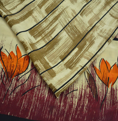 Indian Vintage Sari Beige & Maroon Pure Crepe Silk Printed Saree 5yard Sewing Floral Soft Craft Fabric Wrap