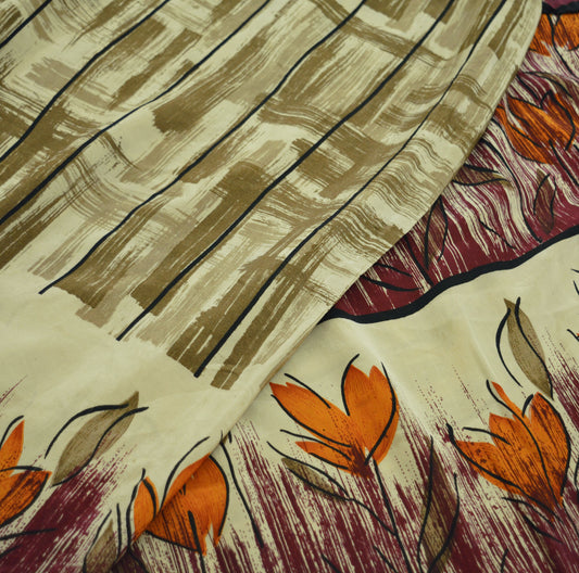 Indian Vintage Sari Beige & Maroon Pure Crepe Silk Printed Saree 5yard Sewing Floral Soft Craft Fabric Wrap