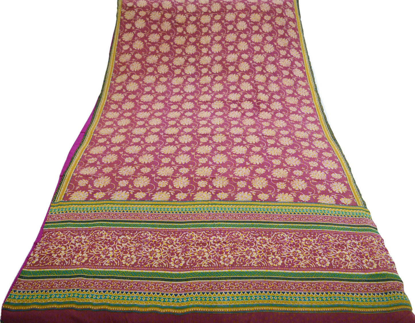 Indian Vintage Sari Mustard & Pink Pure Crepe Silk Printed Saree 5yard Sewing Floral Soft Craft Fabric Wrap