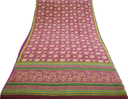 Indian Vintage Sari Mustard & Pink Pure Crepe Silk Printed Saree 5yard Sewing Floral Soft Craft Fabric Wrap