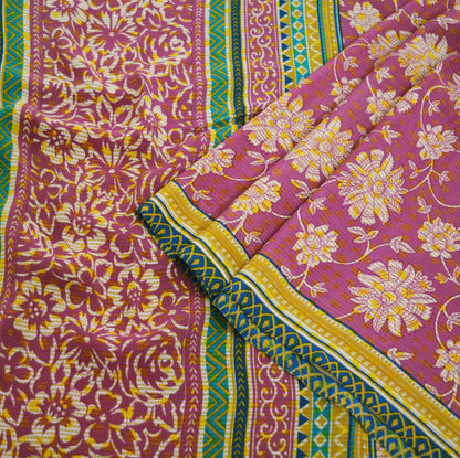 Indian Vintage Sari Mustard & Pink Pure Crepe Silk Printed Saree 5yard Sewing Floral Soft Craft Fabric Wrap