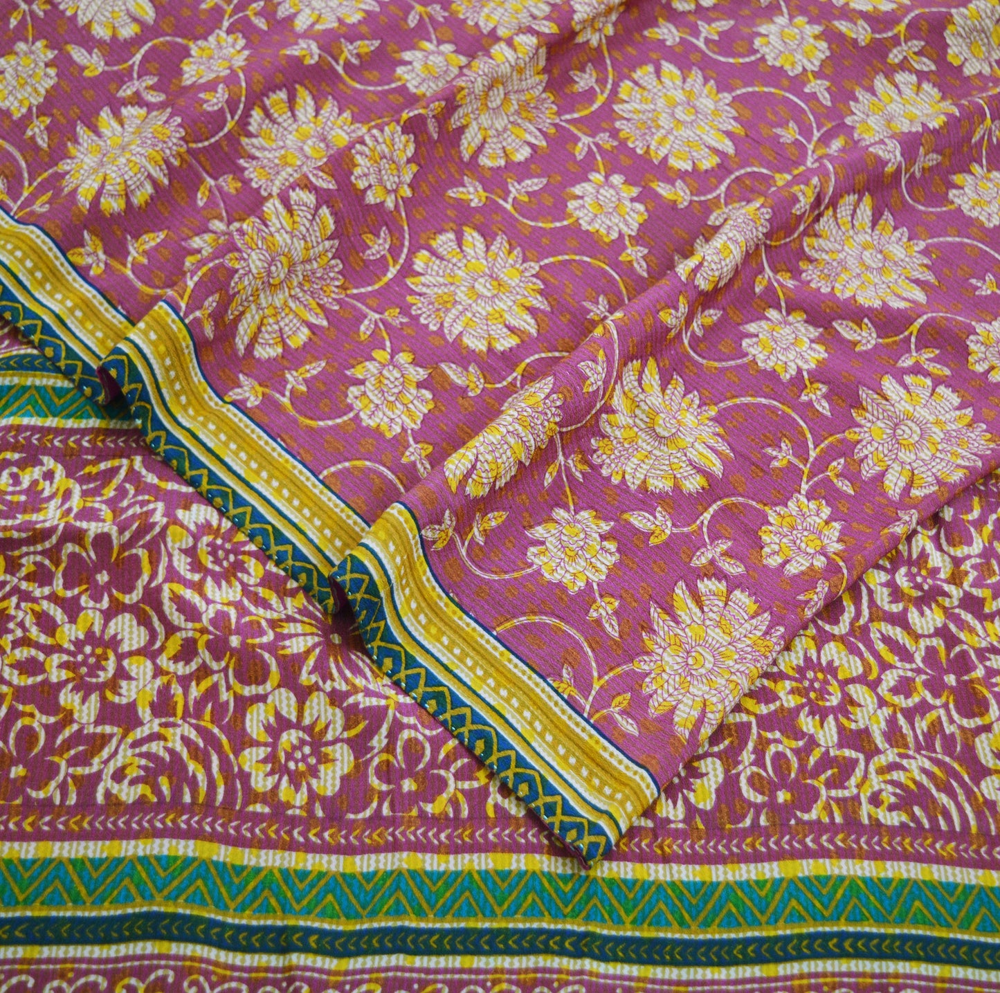 Indian Vintage Sari Mustard & Pink Pure Crepe Silk Printed Saree 5yard Sewing Floral Soft Craft Fabric Wrap