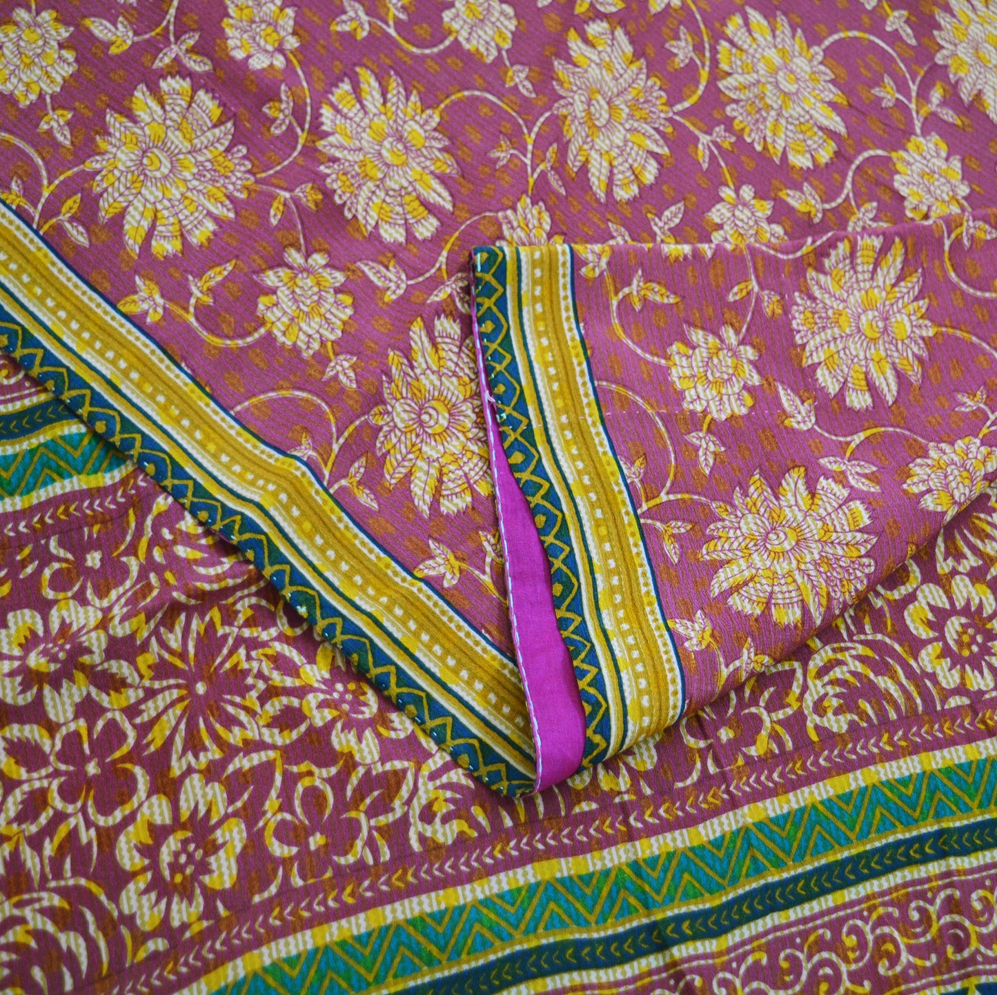 Indian Vintage Sari Mustard & Pink Pure Crepe Silk Printed Saree 5yard Sewing Floral Soft Craft Fabric Wrap