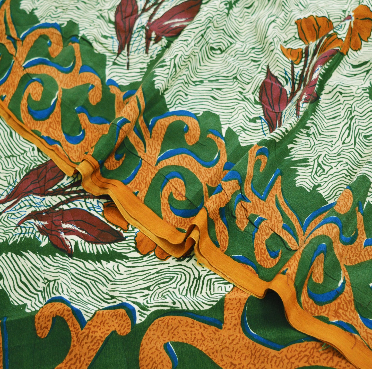 Indian Vintage Sari Ivory & Green Pure Crepe Silk Printed Saree 5yard Sewing Abstract Soft Craft Fabric Wrap