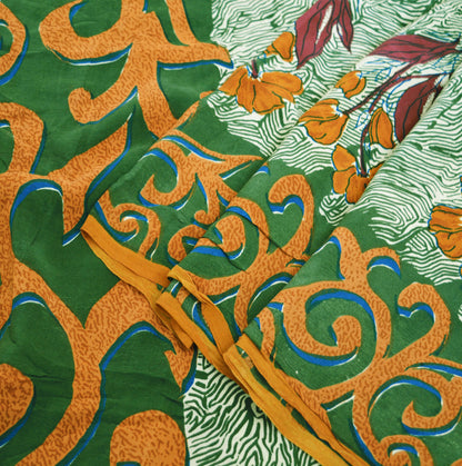Indian Vintage Sari Ivory & Green Pure Crepe Silk Printed Saree 5yard Sewing Abstract Soft Craft Fabric Wrap
