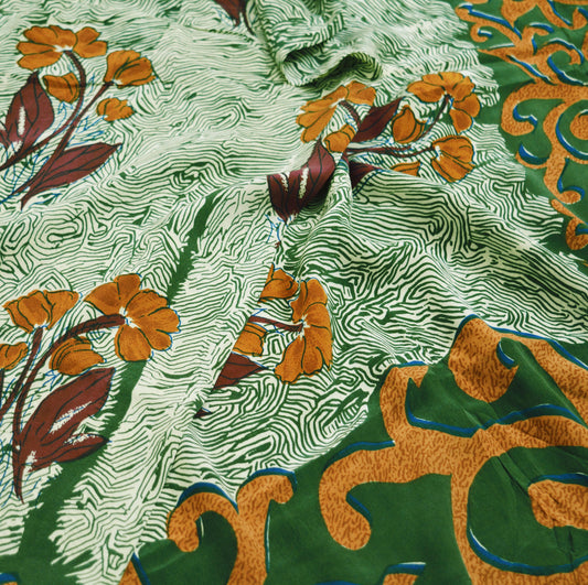 Indian Vintage Sari Ivory & Green Pure Crepe Silk Printed Saree 5yard Sewing Abstract Soft Craft Fabric Wrap