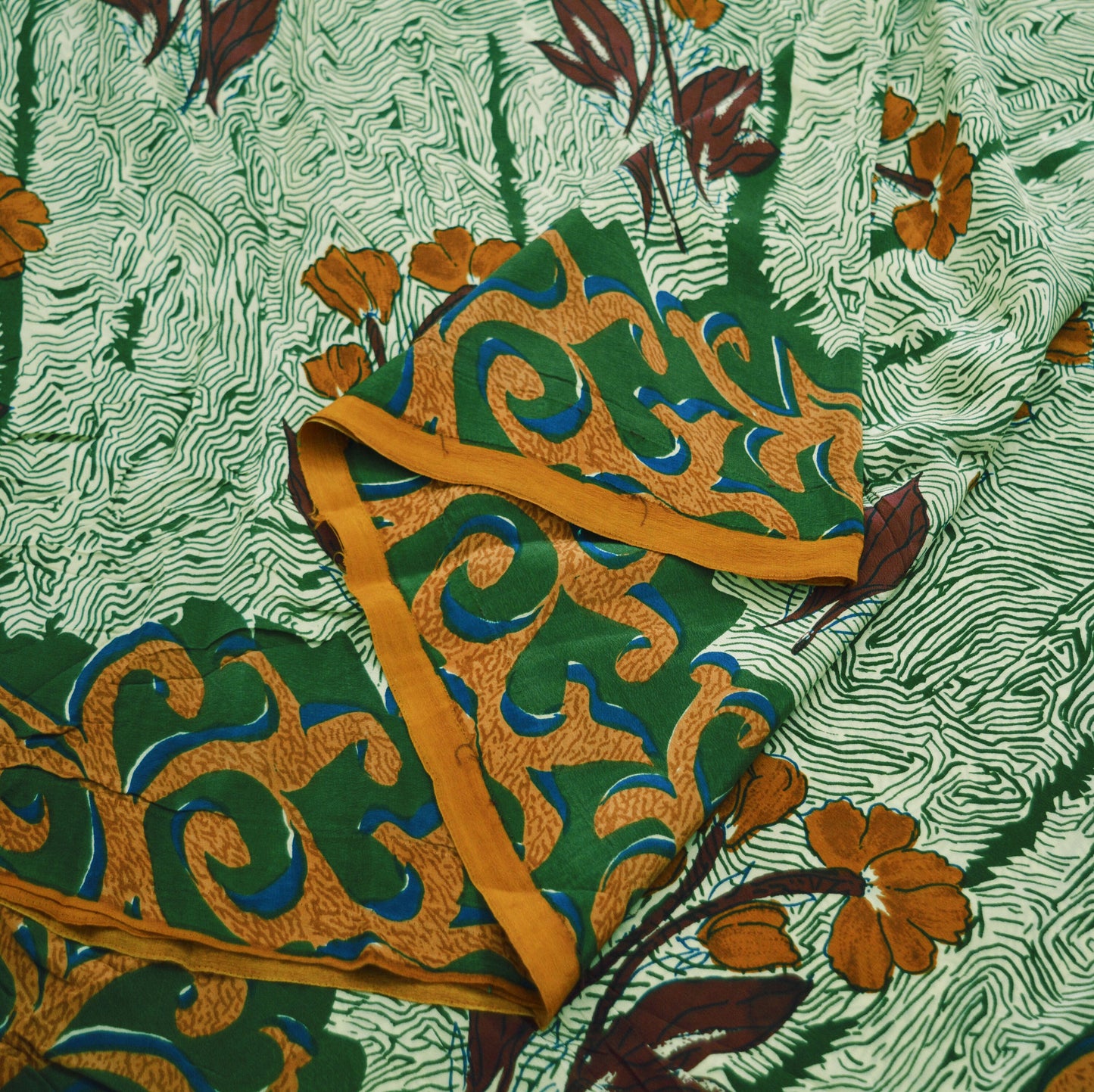 Indian Vintage Sari Ivory & Green Pure Crepe Silk Printed Saree 5yard Sewing Abstract Soft Craft Fabric Wrap