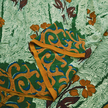 Indian Vintage Sari Ivory & Green Pure Crepe Silk Printed Saree 5yard Sewing Abstract Soft Craft Fabric Wrap