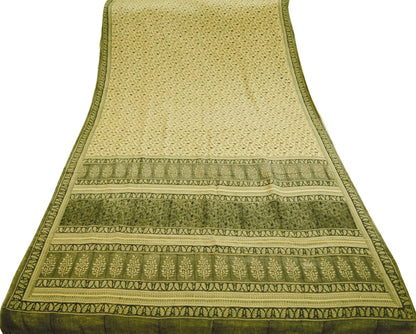 Indian Vintage Sari Ivory Pure Crepe Silk Block Printed Saree 6yard Sewing Floral Soft Craft Fabric Wrap