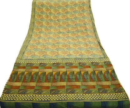 Indian Vintage Sari Beige Pure Crepe Silk Block Printed Saree 6yard Sewing Floral Soft Craft Fabric Wrap