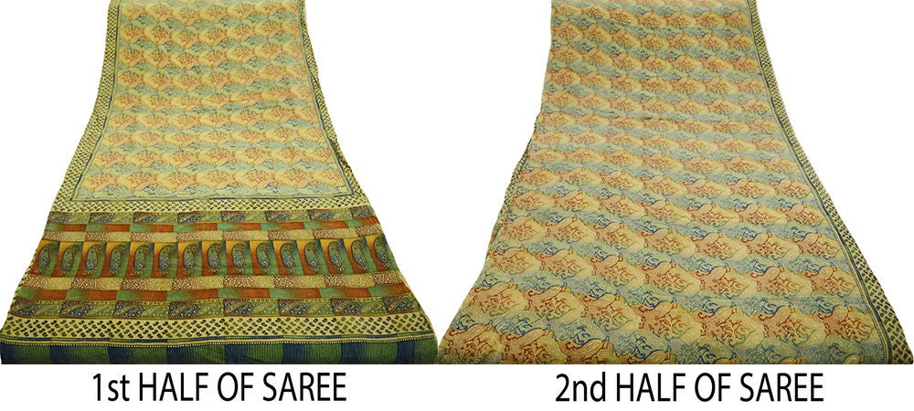 Indian Vintage Sari Beige Pure Crepe Silk Block Printed Saree 6yard Sewing Floral Soft Craft Fabric Wrap