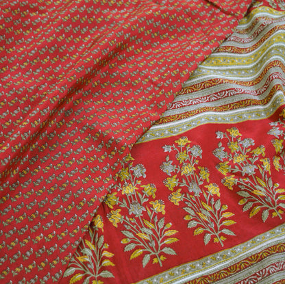 Indian Vintage Sari Dark Red Pure Crepe Silk Printed Saree 6yard Sewing Floral Craft Fabric Ethnic Wrap