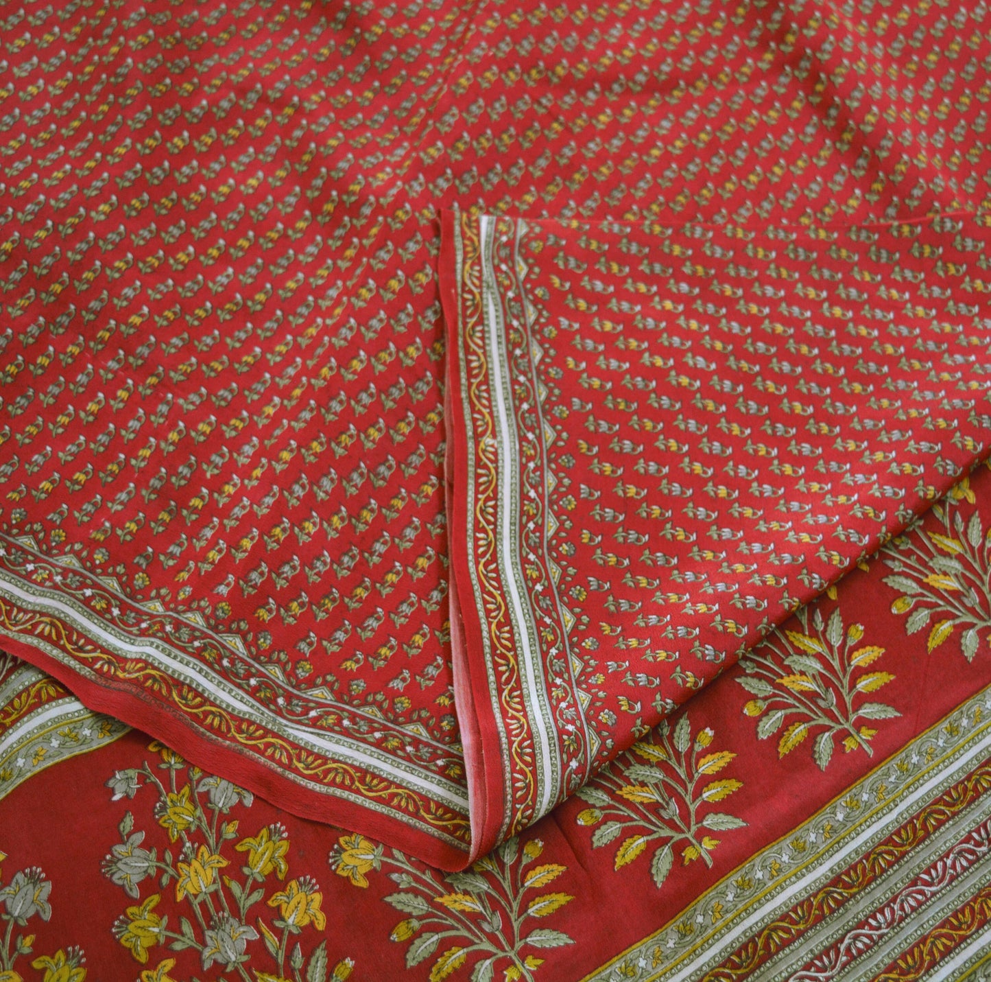 Indian Vintage Sari Dark Red Pure Crepe Silk Printed Saree 6yard Sewing Floral Craft Fabric Ethnic Wrap