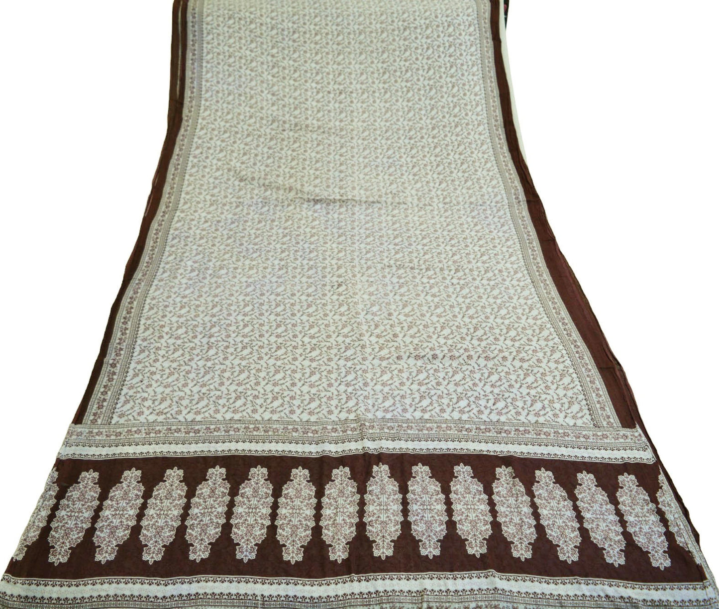 Indian Vintage Sari White & Brown 100% Pure Cotton Printed Saree  Craft Fabric 5Yd Soft Sewing Sarong Wrap Boho Floral Quilting Crafting