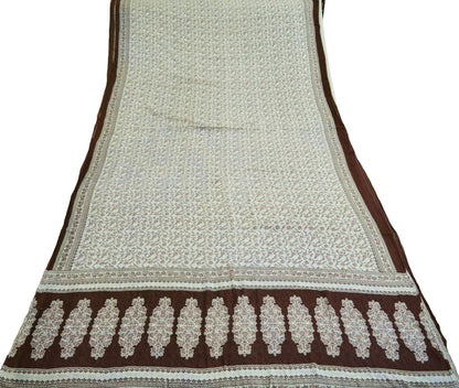 Indian Vintage Sari White & Brown 100% Pure Cotton Printed Saree  Craft Fabric 5Yd Soft Sewing Sarong Wrap Boho Floral Quilting Crafting